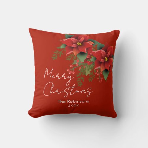 Floral Merry Christmas Holiday Poinsettia Red  Throw Pillow