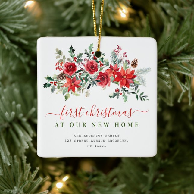 floral merry christmas new address ceramic ornament (Tree)
