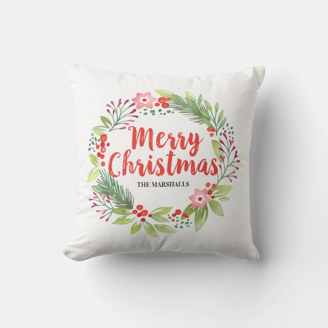 Floral Merry Christmas Red Berry Wreath Throw Pillow (Front)