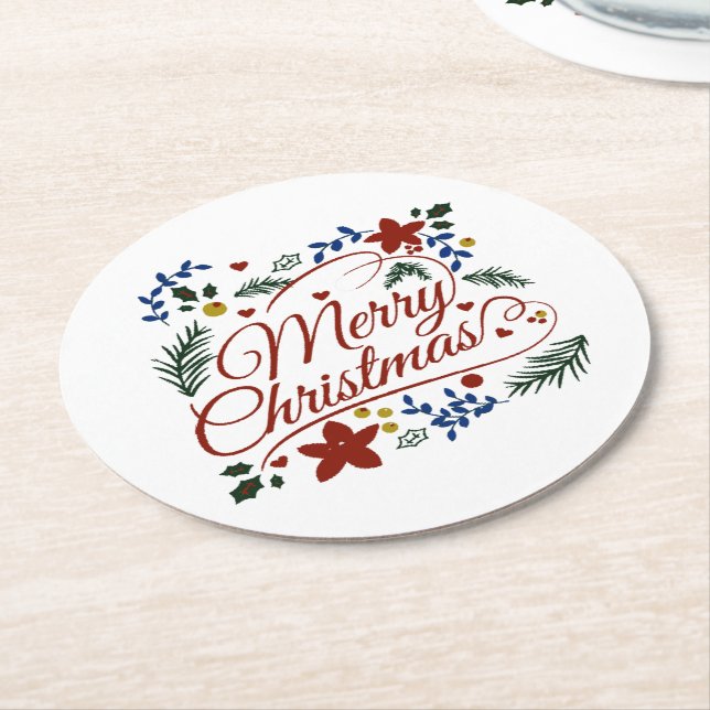 Floral Merry Christmas   Round Paper Coaster (Angled)