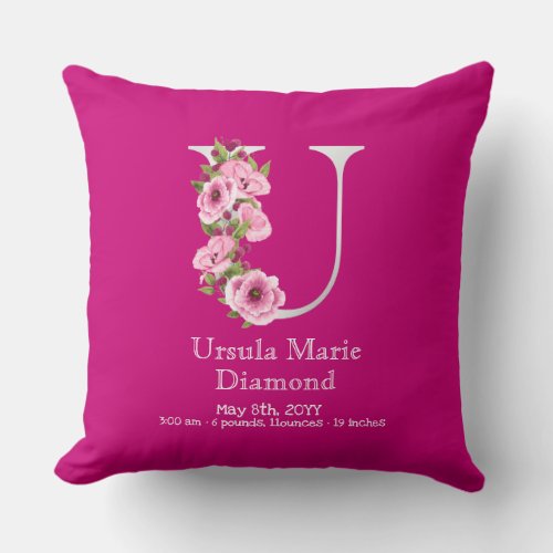 Floral Metallic White U Monogram Birth Stats Throw Pillow