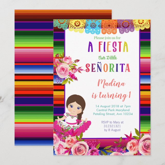 Floral Mexican birthday invitations (Front/Back)