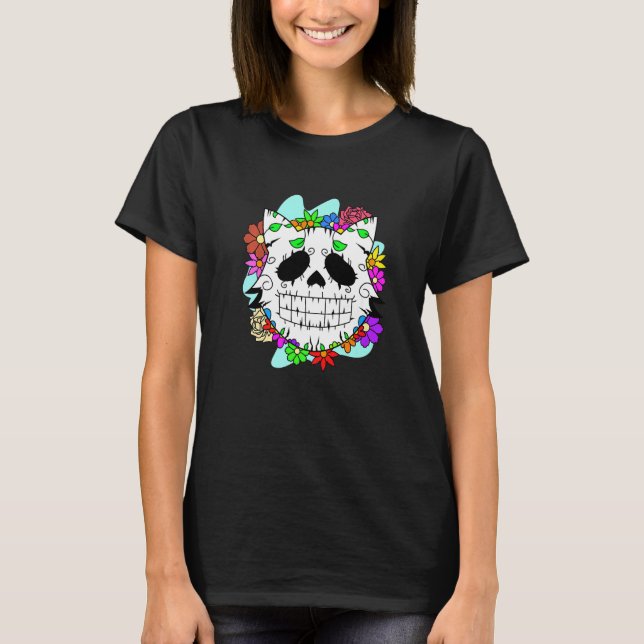 Floral Mexican Cat Day of the Dead Dia De Muertos  T-Shirt (Front)