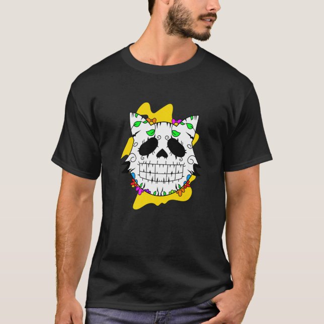 Floral Mexican Cat Day of the Dead Dia De Muertos  T-Shirt (Front)