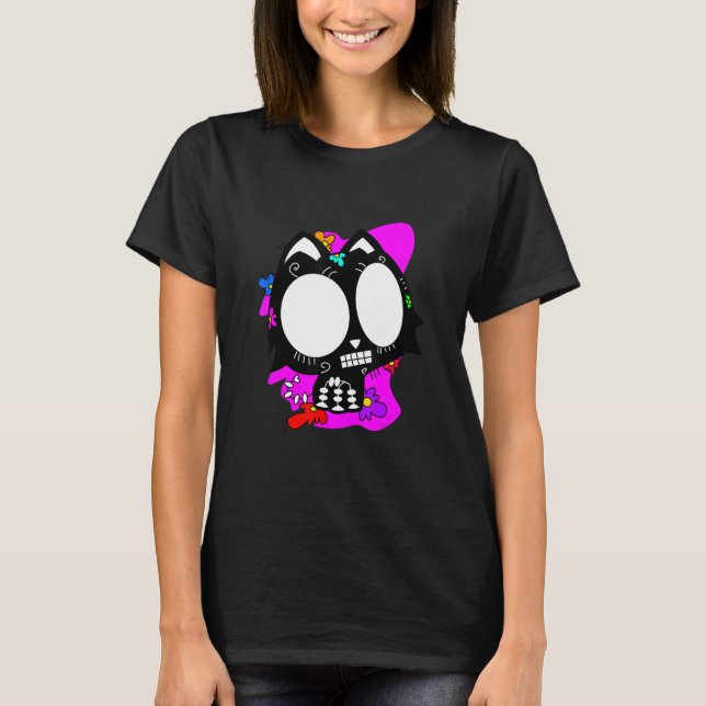 Floral Mexican Cat Day of the Dead Dia De Muertos  T-Shirt (Front)