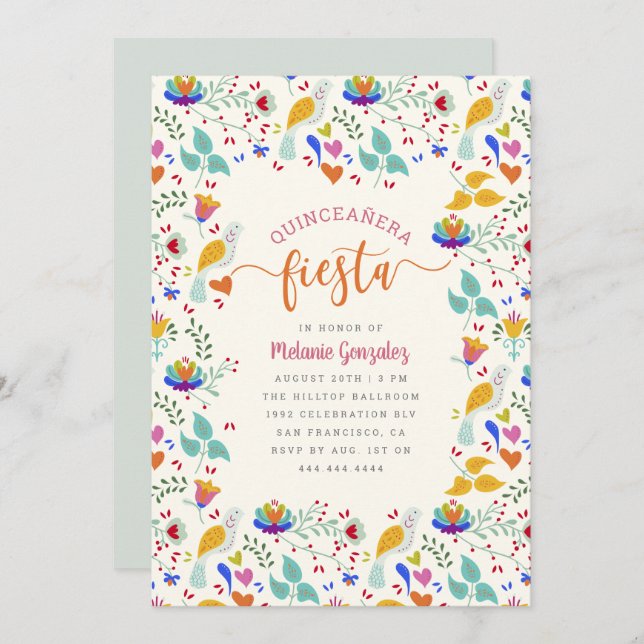 Floral Mexican Embroidery Quinceañera Fiesta Invitation (Front/Back)