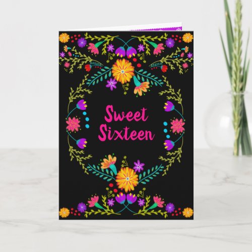 Floral Mexican Fiesta Black and Pink Sweet 16 Invitation