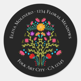 Floral Mexican Fiesta Flowers Black Address Classic Round Sticker