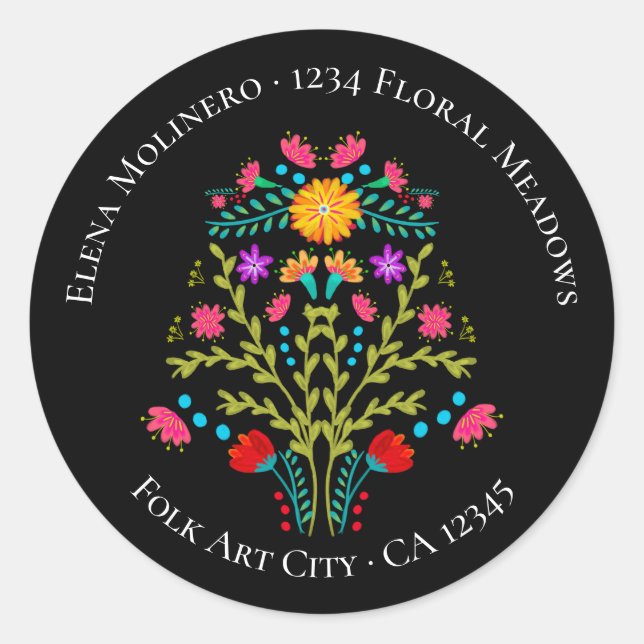Floral Mexican Fiesta Flowers Black Address Classic Round Sticker (Front)