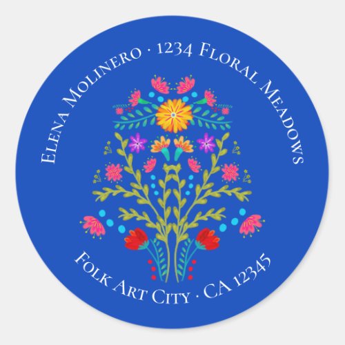 Floral Mexican Fiesta Flowers Royal Blue Address Classic Round Sticker