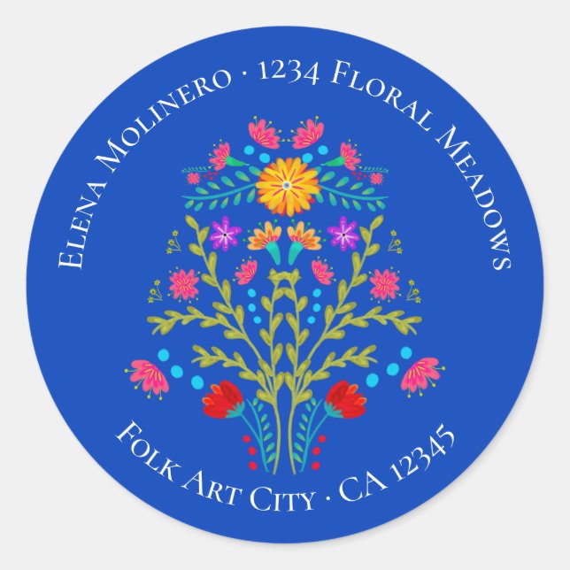 Floral Mexican Fiesta Flowers Royal Blue Address Classic Round Sticker (Front)