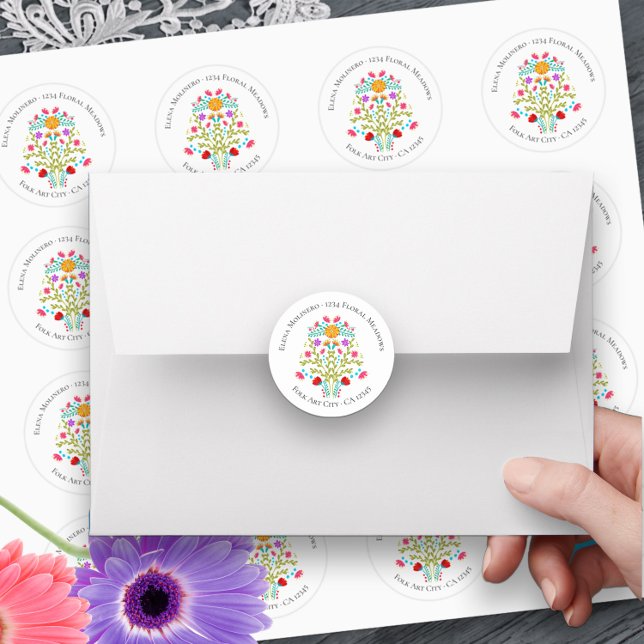 Floral Mexican Fiesta Flowers White Address Classic Round Sticker