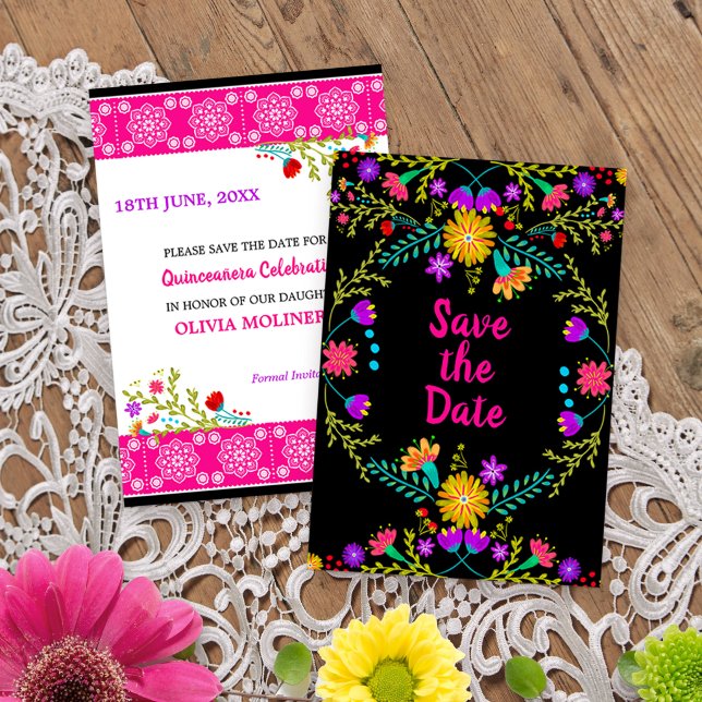 Floral Mexican Fiesta & Papel Picado - Black Save The Date