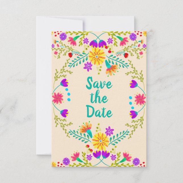 Floral Mexican Fiesta & Papel Picado - Champagne Save The Date (Front)