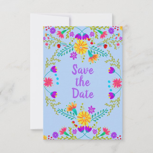 Floral Mexican Fiesta & Papel Picado - Light Blue Save The Date (Front)