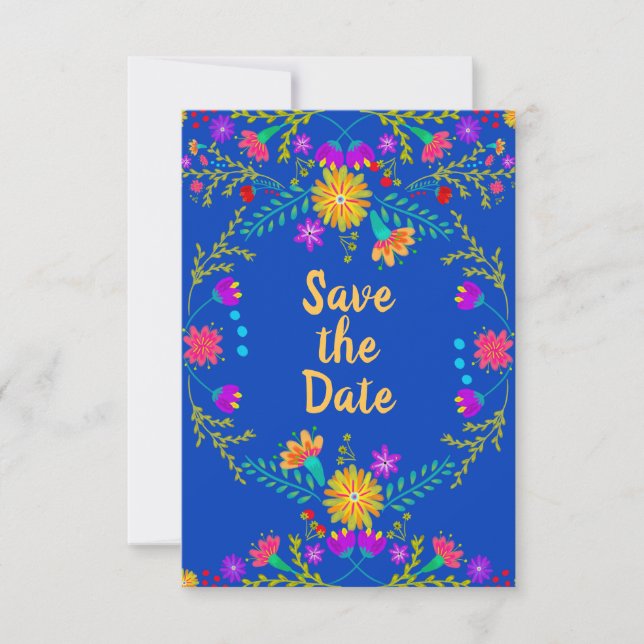 Floral Mexican Fiesta & Papel Picado - Royal Blue Save The Date (Front)