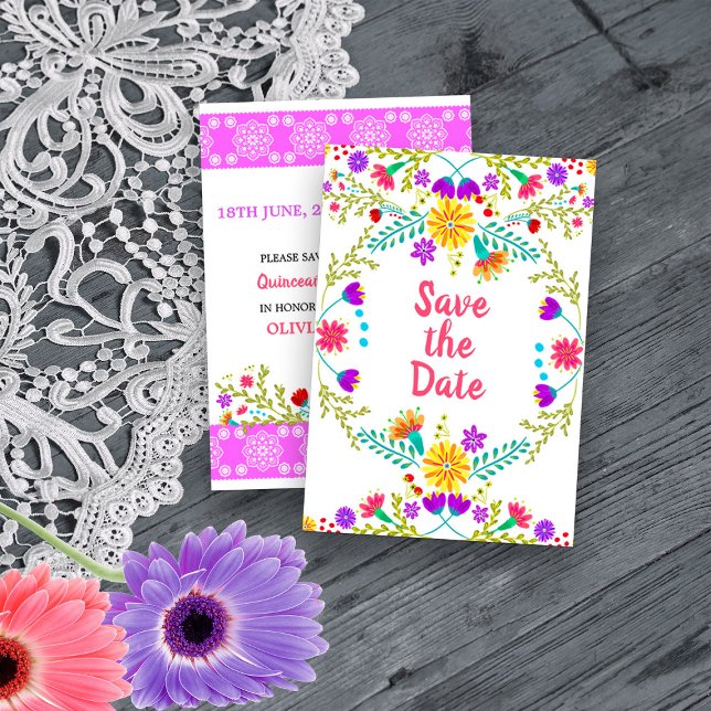 Floral Mexican Fiesta & Papel Picado White Save The Date (Save the Date card from my Mexican Fiesta Flowers Quinceanera Collection)