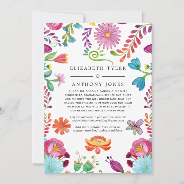 Floral Mexican Fiesta Reduced Wedding Guest List Announcement (Front)