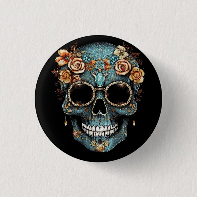 Floral Mexican Skull Day of the Dead Dia De Muerto Button (Front)
