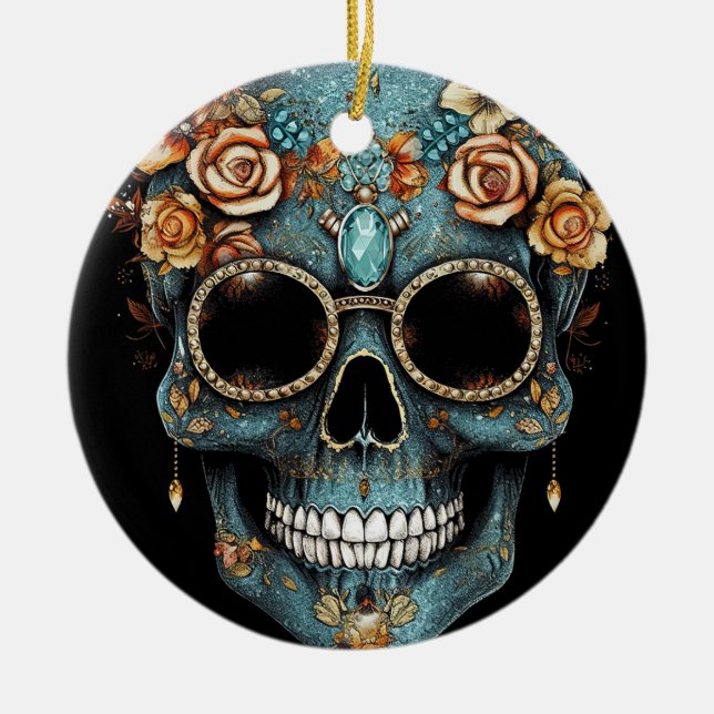 Floral Mexican Skull Day of the Dead Dia De Muerto Ceramic Ornament (Front)