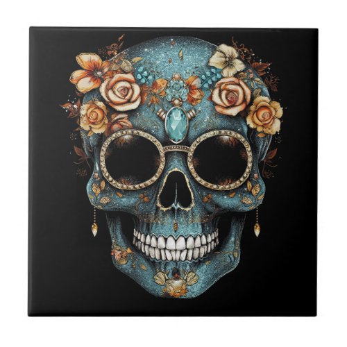 Floral Mexican Skull Day of the Dead Dia De Muerto Ceramic Tile