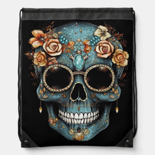 Floral Mexican Skull Day of the Dead Dia De Muerto Drawstring Bag