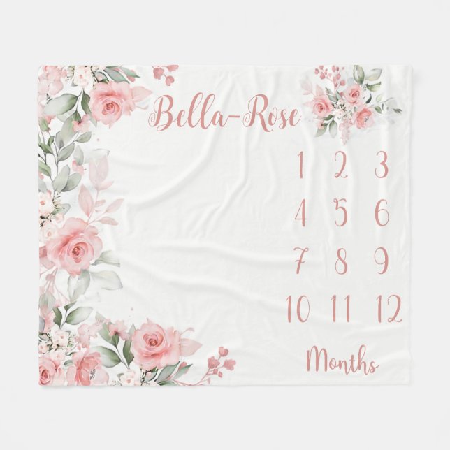Floral Milestone Blanket Girl Pink Roses Baby Mont (Front (Horizontal))