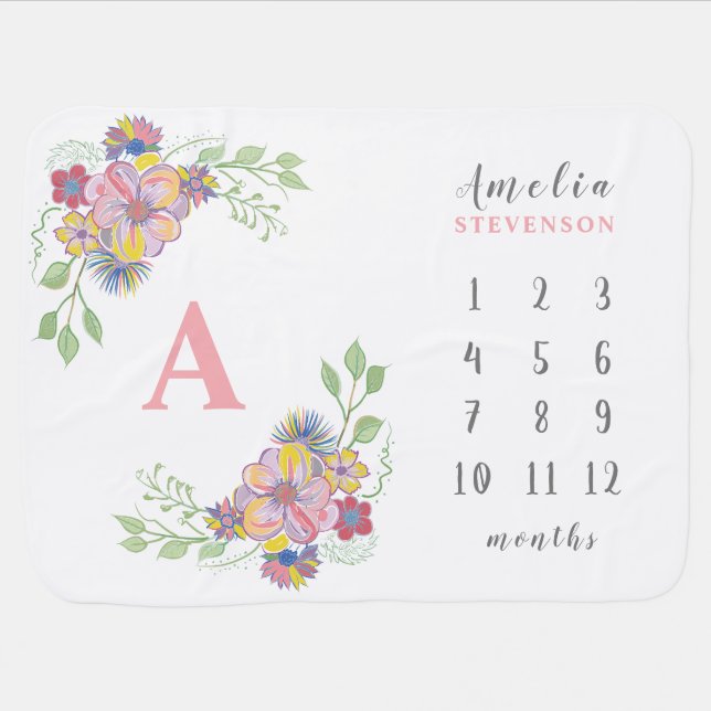 Floral Milestone Girl Baby Blanket (Horizontal)