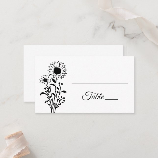 Floral Minimalist Black White Sunflowers Wedding Place Card (Front/Back In Situ)