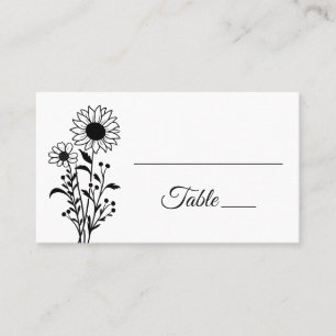 Floral Minimalist Black White Sunflowers Wedding Place Card