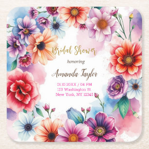 Floral Minimalist Calligraphy Bridal Shower Card Square Paper Coaster
