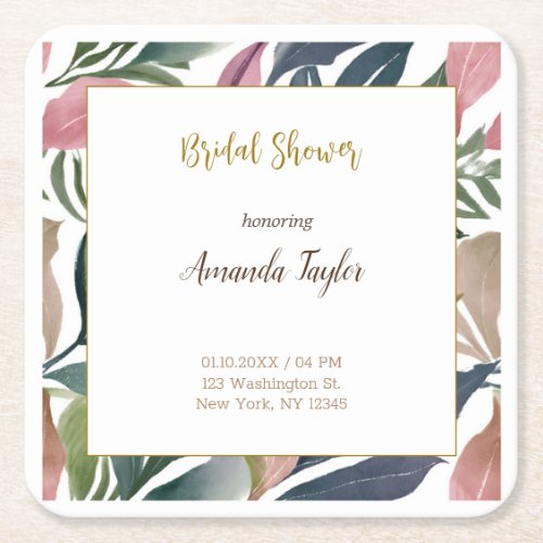 Floral Minimalist Calligraphy Bridal Shower Card Square Paper Coaster