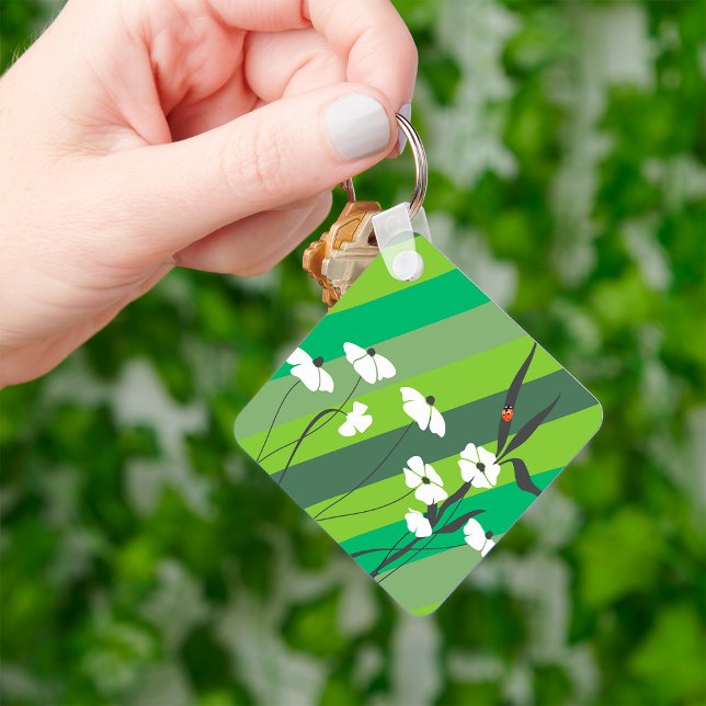 Floral Minimalist Ladybug on Green Stripes Keychain (Creator Uploaded)