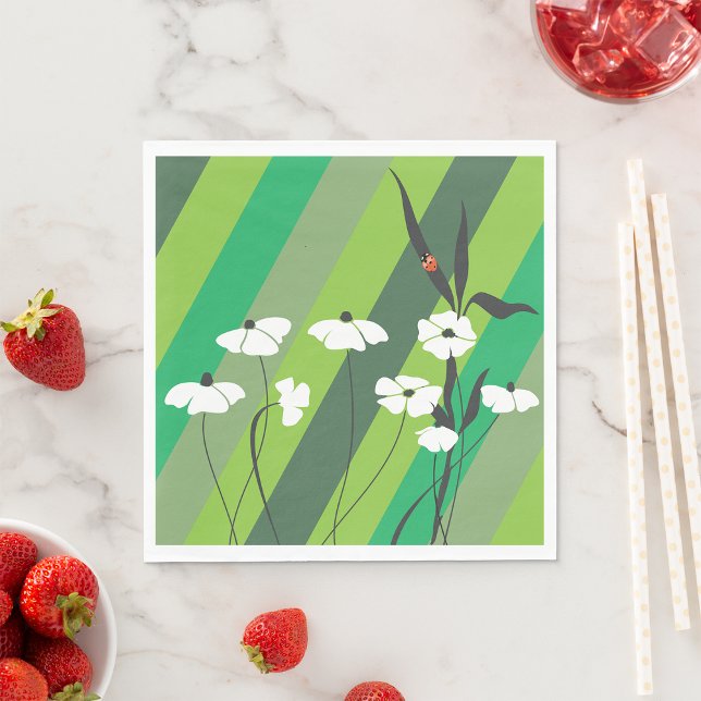 Floral Minimalist Ladybug on Green Stripes Napkins (Creator Uploaded)