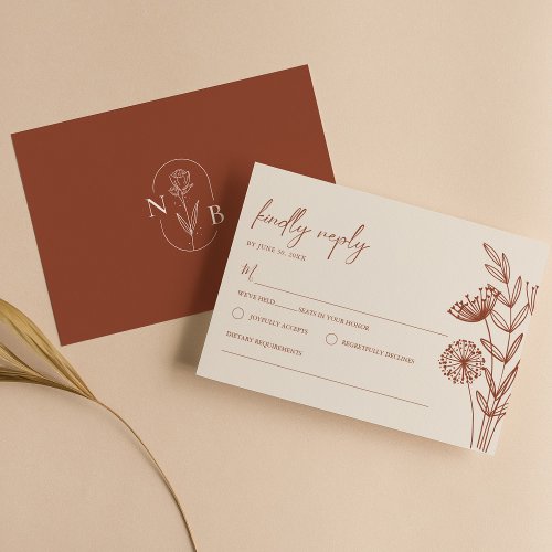 Floral Minimalist Terracotta Burnt Orange Wedding RSVP Card