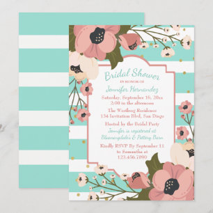 Floral Mint Bridal Shower Pink Flowers Stripes Invitation