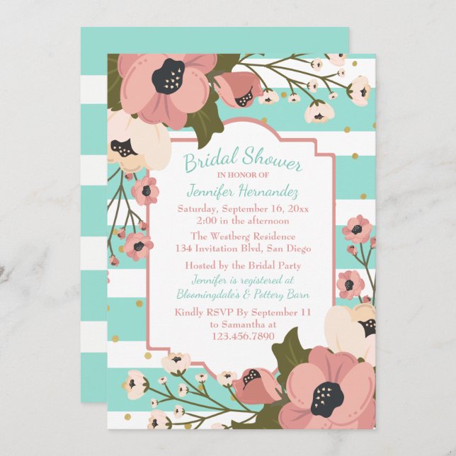 Floral Mint Bridal Shower Pink Flowers Stripes Invitation (Front/Back)