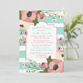 Floral Mint Bridal Shower Pink Flowers Stripes Invitation (Standing Front)