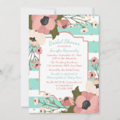 Floral Mint Bridal Shower Pink Flowers Stripes Invitation (Front)