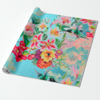 Floral Mint Garden Turquoise Pink Pastel Bird Wrapping Paper