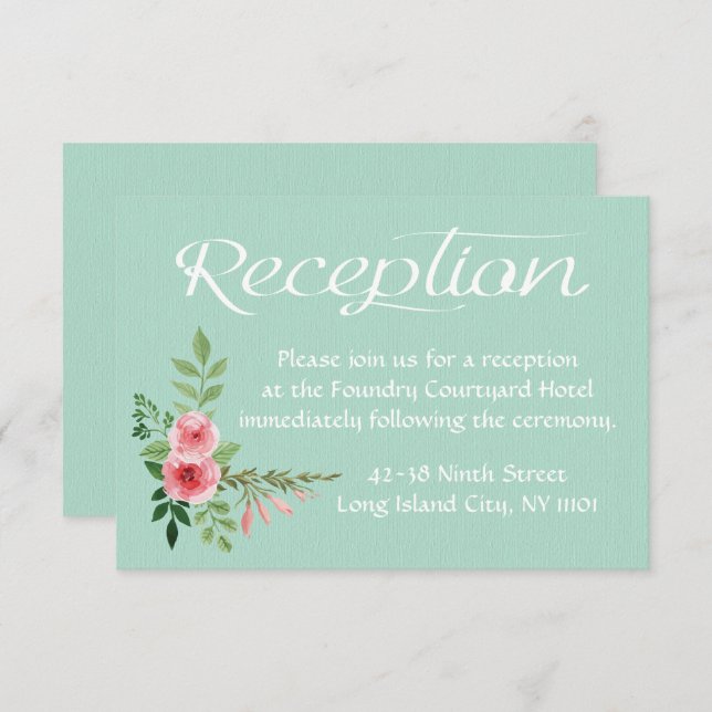 Floral Mint Green Reception Pink Flowers Wedding Invitation (Front/Back)