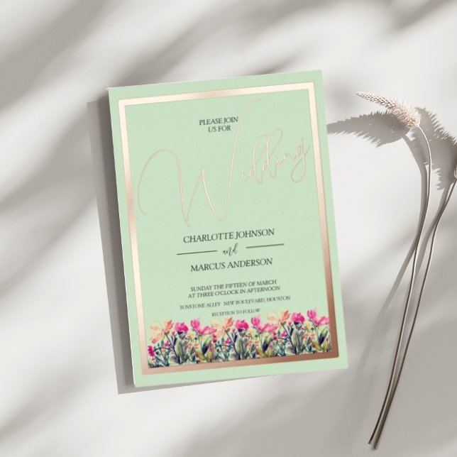 Floral Mint Green Rose Gold Foil Wedding Invite  (Mint Green Floral Rose Gold Wedding Invitation
)
