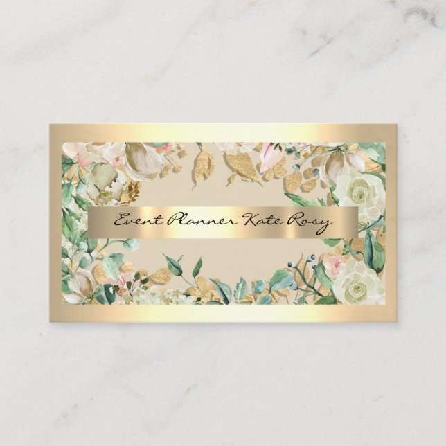 Floral Mint Green Roses Gold Event Planner Beauty Business Card (Front)