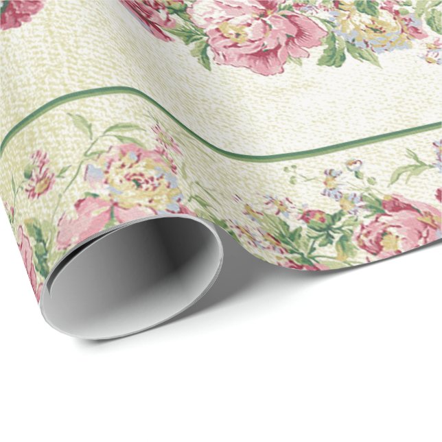 Floral Mint Green Roses Pink Pearly Pastel Vip Wrapping Paper (Roll Corner)