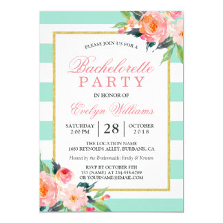Floral Mint Green Stripes Gold Bachelorette Party Card