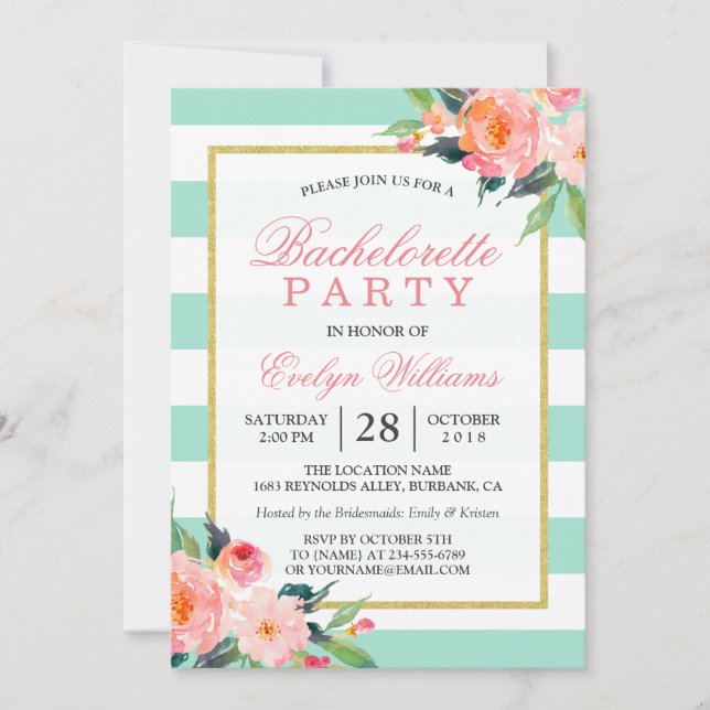 Floral Mint Green Stripes Gold Bachelorette Party Invitation (Front)