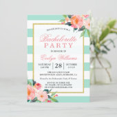 Floral Mint Green Stripes Gold Bachelorette Party Invitation (Standing Front)