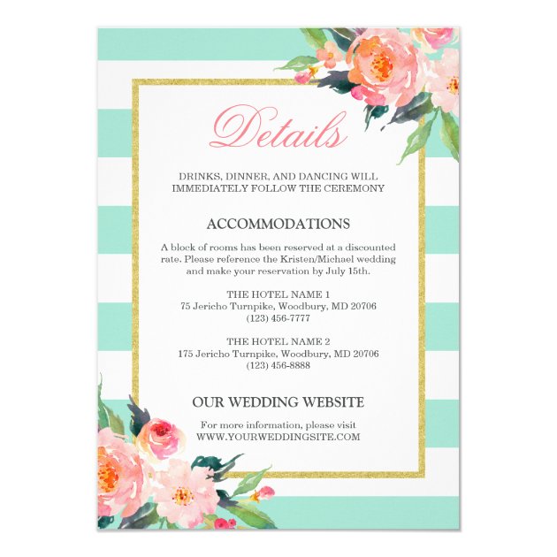 Floral Mint Green Stripes Gold Wedding Details Card