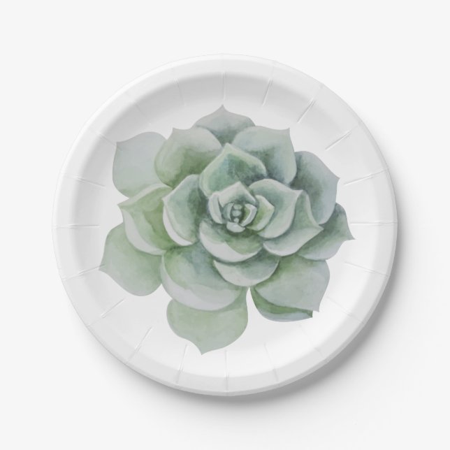 Floral Mint Green Succulent Cactus Wedding Party Paper Plates (Front)