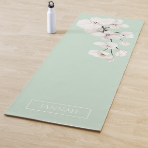 Floral Mint Green White Orchids Name Exercise Yoga Mat